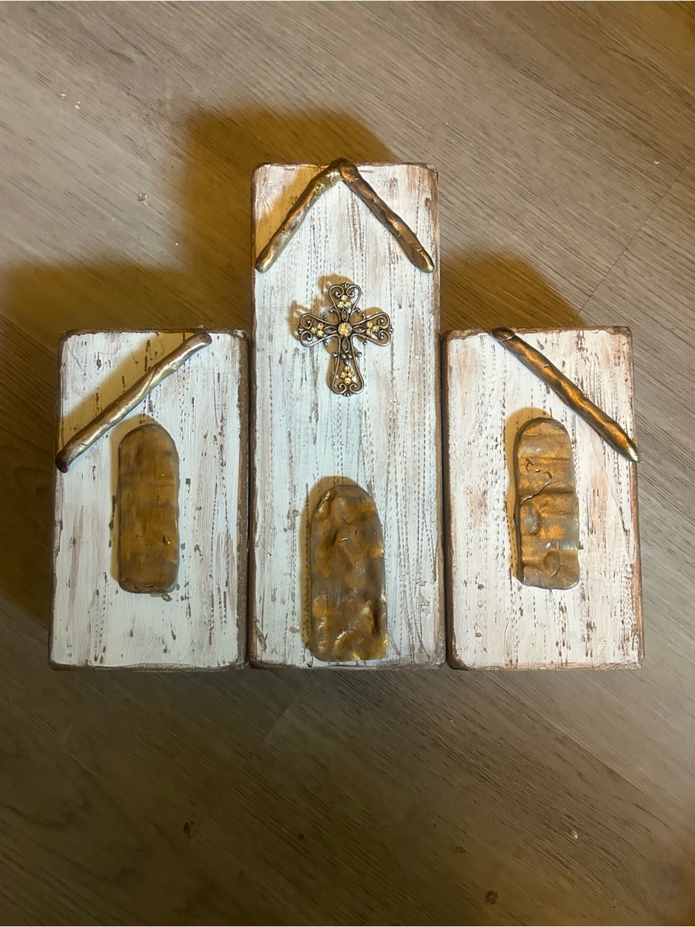 Rustic White and Gold Distressed Wood Church Accent Piece